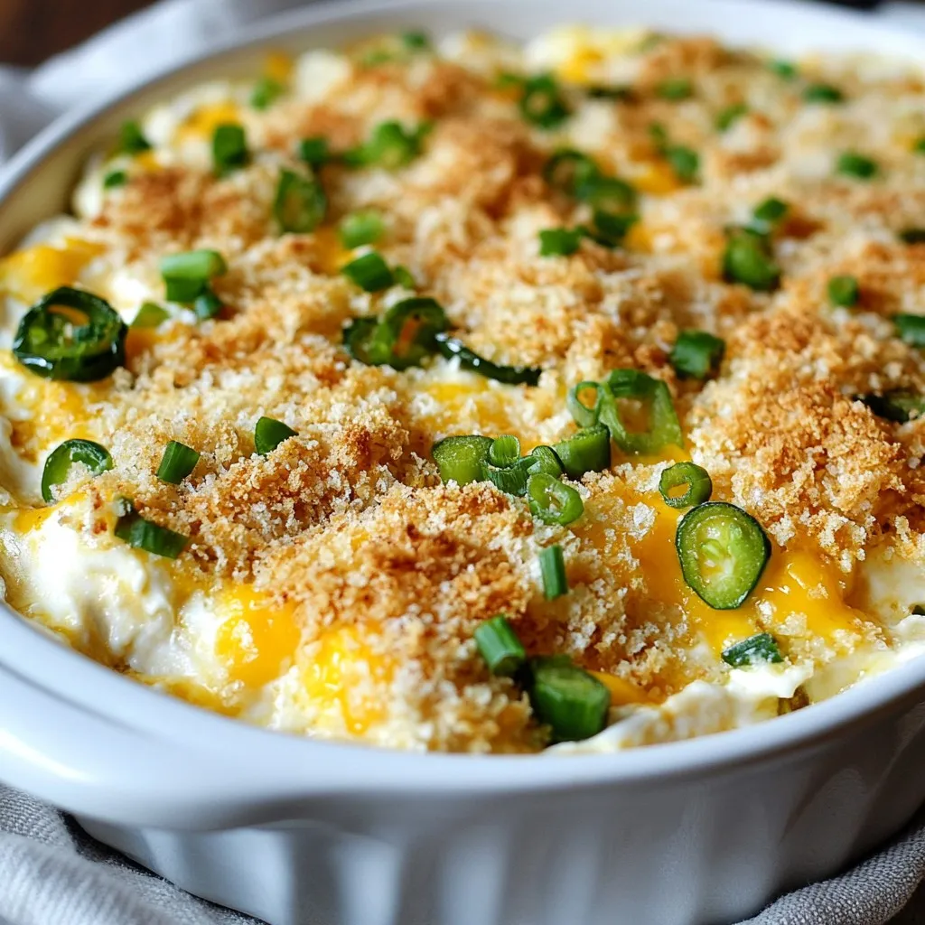 To make the perfect Jalapeño Popper Dip, you need some key ingredients. Here’s what you’ll want to gather: - 8 oz cream cheese, softened to room temperature - 1 cup sour cream, smooth and creamy - 1 cup shredded sharp cheddar cheese, adding a bold flavor - 1/2 cup shredded mozzarella cheese, for that gooey texture - 1/2 cup diced jalapeños, either fresh for a kick or pickled for tanginess - 1/4 cup green onions, finely chopped for freshness - 1/2 teaspoon garlic powder to enhance depth - 1/2 teaspoon smoked paprika for a hint of smokiness - Salt and pepper to taste - 1/2 cup panko breadcrumbs for that crunchy topping - 2 tablespoons olive oil to create a golden crust Each ingredient plays a vital role. The cream cheese and sour cream form the dip's rich base. Sharp cheddar adds a strong flavor, while mozzarella brings that delightful melt. Fresh or pickled jalapeños give the dip its signature heat. Green onions add a fresh crunch, and spices like garlic powder and smoked paprika elevate the taste. Panko breadcrumbs provide an irresistible crunch on top. Gather these ingredients, and you’re ready to create a dip that will impress your guests! {{ingredient_image_2}} Start by preheating your oven to 350°F (175°C). This step helps ensure an even bake for your dip. In a large mixing bowl, add 8 oz of softened cream cheese and 1 cup of sour cream. Use a spatula or mixer to blend them until you have a smooth and creamy mixture. Make sure there are no lumps left. Next, add in 1 cup of shredded sharp cheddar cheese and 1/2 cup of shredded mozzarella cheese. Toss in 1/2 cup of diced jalapeños and 1/4 cup of finely chopped green onions. Don't forget to add 1/2 teaspoon of garlic powder, 1/2 teaspoon of smoked paprika, and salt and pepper to taste. Mix everything well to combine all the flavors. In a separate bowl, mix 1/2 cup of panko breadcrumbs with 2 tablespoons of olive oil. Stir until the breadcrumbs are fully coated. This will give your dip a nice crunch on top. Transfer the creamy cheese mixture into an oven-safe baking dish. Spread it evenly. Next, sprinkle the panko topping over the dip. Bake it in the preheated oven for about 25-30 minutes. The dip should bubble, and the top should turn a lovely golden brown. Once the dip is out of the oven, let it cool for a few minutes. This will help you serve it easily. Enjoy it warm with crispy tortilla chips, slices of baguette, or fresh veggie sticks. For a fun touch, garnish with extra green onions or jalapeño slices. To get a creamy dip, use room temperature cream cheese. It blends well with sour cream. Mix until smooth. Add cheese and jalapeños next. This gives a rich texture. The panko topping adds a nice crunch. Don't skip this step for the best experience! You can control the heat by choosing your jalapeños. Fresh jalapeños pack more heat, while pickled ones are milder. If you want it less spicy, remove the seeds from fresh jalapeños. You can also use fewer jalapeños for a gentler kick. You can prepare this dip a day early. Mix the ingredients and store them in a dish. Cover it with plastic wrap and keep it in the fridge. Just before baking, add the panko topping. This saves time and makes serving easy! Pro Tips Choose Your Heat Level: Use fresh jalapeños for a spicier kick or opt for pickled jalapeños if you prefer a milder, tangy flavor. Mix Up the Cheeses: Feel free to experiment with different cheese combinations, such as pepper jack for an extra kick or Gouda for a smoky flavor. Make Ahead: Prepare the dip a day in advance and refrigerate it. Just bake it when you're ready to serve for a quick and easy appetizer. Perfectly Toasted Topping: For an extra crispy topping, broil the dip for the last 2-3 minutes of baking, keeping a close eye to prevent burning. {{image_4}} You can make a spicy version of this dip by adding more jalapeños. Use fresh jalapeños for a strong kick. If you want extra heat, include some diced serrano peppers. You can also add a splash of hot sauce to the mix. This will give the dip a nice, fiery boost. Bacon lovers will enjoy this twist. Cook and crumble about 4 strips of bacon. Mix the bacon into the cheese mixture before baking. This adds a savory, smoky flavor. Top the dip with some extra bacon bits for crunch. Your guests will love the added depth! If you want a vegetarian dip, you can swap out a few ingredients. Use plant-based cream cheese and sour cream. You can also replace the cheeses with vegan cheese options. For a fun twist, add diced bell peppers or corn. They add color and sweetness without losing flavor. To store leftover dip, let it cool first. Then, place it in an airtight container. This keeps the dip fresh and tasty. You can store it in the fridge for up to four days. If you want to keep it longer, freezing is a great option. When it's time to eat the dip again, reheat it gently. You can use the oven or microwave. If using the oven, set it to 350°F (175°C). Heat for about 15 minutes. Check it often to avoid overcooking. For the microwave, heat in short bursts, stirring in between. This keeps the dip creamy and smooth. To freeze the dip, place it in a freezer-safe container. Make sure to leave some space at the top, as the dip may expand. It will stay good for about two months. When ready to enjoy, thaw it in the fridge overnight. After thawing, reheat it as mentioned above. Enjoy your tasty dip again! Yes, you can make this dip vegetarian. Just skip any meat toppings. Use all the cheesy goodness. The base is already meat-free with cream cheese, sour cream, and cheese. Jalapeño Popper Dip lasts about 3 to 4 days in the fridge. Store it in an airtight container. Make sure it cools down before sealing. This keeps the dip fresh and creamy. You have many tasty options for serving. Here are some ideas: - Tortilla chips - Pita chips - Slices of warm baguette - Fresh veggie sticks like carrots and celery - Crackers These pair well and add crunch to the creamy dip. Yes, Greek yogurt works well in place of sour cream. It adds creaminess and a bit of tang. This swap keeps the dip light and healthy. Use the same amount as the sour cream in the recipe. To adjust the spice level, you can: - Use fewer jalapeños - Opt for milder jalapeños - Add more cheese for creaminess - Mix in some sour cream to cool it down These changes help you find the right heat for your taste. In this post, we explored how to make a tasty Jalapeño Popper Dip. You learned about the key ingredients and followed simple steps to create this dish. We shared tips to boost flavor and adjust heat levels, along with variations to try. You can easily store leftovers and reheat them without losing taste. Remember, this dip is not just a snack; it's a party favorite. Enjoy your cooking and feel free to experiment with ingredients for a fun twist!