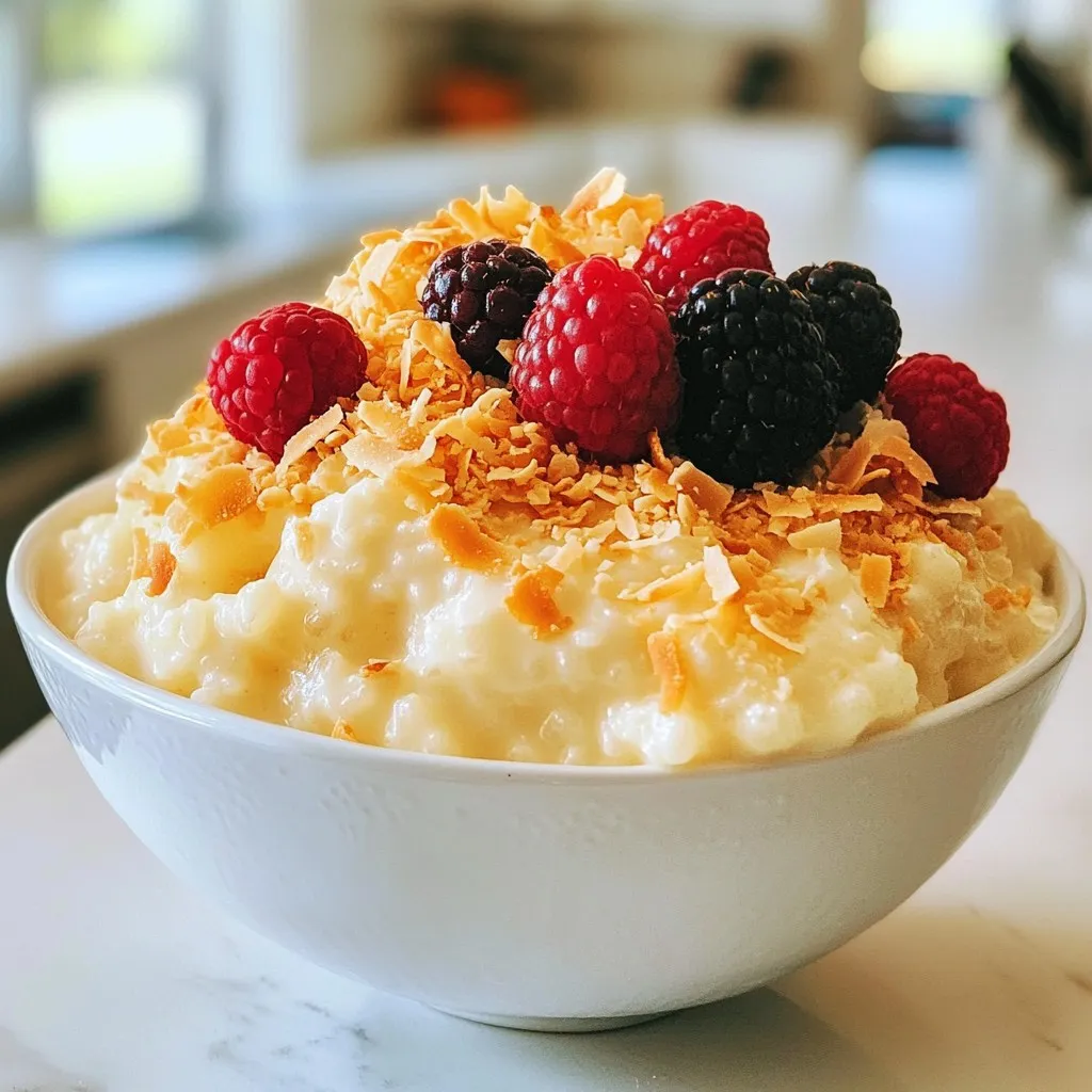 For a creamy and rich vanilla bean rice pudding, gather these key ingredients: - 1 cup Arborio rice - 4 cups full-fat milk - 1 cup creamy coconut milk - 1 fragrant vanilla bean (split and seeds scraped) - 1/2 cup granulated sugar - 1/4 teaspoon fine sea salt - 1/2 teaspoon ground cinnamon (optional) - 1 teaspoon pure vanilla extract These ingredients work together to create a dreamy texture and flavor. The Arborio rice gives it a nice creaminess, while the vanilla bean adds a lovely aroma. To make your pudding even more special, you can add these garnishes: - Fresh berries (like strawberries, blueberries, or raspberries) - Crunchy toasted coconut flakes These toppings add freshness and a delightful crunch to each bite. If you want to switch things up, consider these substitutions: - Use almond milk or oat milk instead of full-fat milk for a lighter option. - Swap the granulated sugar with maple syrup or honey for a natural sweetness. - For a different flavor, try adding a dash of nutmeg or cardamom in place of cinnamon. These changes can make the pudding fit your taste or dietary needs while keeping it delicious. {{ingredient_image_2}} Start by rinsing the Arborio rice. Use cold water and let it run until clear. This step removes extra starch. It helps make the pudding creamy. In a large saucepan, add the rinsed rice. Pour in the full-fat milk and coconut milk. Split the vanilla bean and scrape the seeds into the pot. Add the pod too. The mix of milks gives rich flavor. Stir in the sugar and sea salt. Mix well to combine everything. Set the heat to medium and bring the mix to a gentle boil. Once it boils, lower the heat. Stir occasionally to keep the rice from sticking. Let it simmer gently for about 30-35 minutes. The rice should be soft, and the pudding creamy. If it gets too thick, add more milk. After the rice is cooked, take the pot off the heat. Remove the vanilla bean pod. Stir in ground cinnamon and pure vanilla extract if you want extra flavor. Let the pudding cool a bit before serving. You can enjoy it warm or chilled. For a great presentation, use individual bowls or glass cups. Top each serving with fresh berries and toasted coconut flakes. This adds color and crunch. Enjoy your creamy delight! To get that creamy texture, start with Arborio rice. This rice has a high starch content that helps thicken the pudding. Rinse the rice well before cooking. This removes excess starch and keeps the pudding from becoming too sticky. When cooking, combine full-fat milk and coconut milk. This mix adds richness. Stir the pudding often and cook it on low heat. Slow cooking is key to creaminess. If it thickens too much, just add a splash of milk. You can easily change the flavor of your rice pudding. Try adding a pinch of nutmeg for warmth. A splash of almond extract can also add a nice twist. For a fruity touch, mix in some lemon zest. If you love chocolate, consider adding cocoa powder or chocolate chips. Fresh berries make great toppings, too. They add color and freshness to each bite. Avoid cooking the rice on high heat. This can burn the bottom and ruin your pudding. Don't skip rinsing the rice, as it helps with texture. If you cook the pudding for too long, it can become too thick. Always check the consistency towards the end. Lastly, remember to remove the vanilla bean pod before serving. It adds flavor, but you don’t want to bite into it. Pro Tips Rinse the Rice: Rinsing Arborio rice before cooking helps remove excess starch, leading to a creamier texture in your pudding. Adjust Consistency: If the pudding thickens too much during cooking, add a splash of milk to reach your desired creaminess. Enhance Flavor: For an extra layer of flavor, consider adding a pinch of nutmeg or a splash of almond extract along with the vanilla. Serving Suggestions: Serve warm or chilled; both are delicious! Garnish with fresh berries and toasted coconut for added texture and visual appeal. {{image_4}} You can make a chocolate twist on this rice pudding. Start by adding 1/2 cup of cocoa powder to the rice and milk mixture. This adds rich chocolate flavor. Stir it well before you heat the mix. The cocoa will blend nicely with the vanilla. You can also add chocolate chips as a topping. This gives a sweet touch that chocolate lovers will enjoy. For a fruity version, you can add fresh fruits during cooking. Try adding 1 cup of diced apples or pears. You can also use berries like strawberries and blueberries. Add the fruit in the last 10 minutes of cooking. This allows the fruit to soften but still keep its shape. It adds freshness and color to your dish. For a tropical vibe, consider adding diced mango or pineapple. To make this rice pudding vegan, swap dairy milk for plant-based milk. Use almond, soy, or oat milk instead of full-fat milk. You can keep the coconut milk for creaminess. For sweetening, use maple syrup or agave nectar in place of sugar. This keeps it sweet and plant-based. Follow the same steps for cooking. Enjoy this delicious vegan option that everyone can savor! Store your vanilla bean rice pudding in an airtight container. It keeps well in the fridge for about 4 days. Make sure to let it cool before sealing. This helps prevent extra moisture from forming inside the container. If you see any skin forming on top, just stir it in before serving. You can freeze rice pudding for longer storage. Use a freezer-safe container for this. Leave some room at the top for expansion. It can last up to 3 months in the freezer. When you’re ready to enjoy it, move it to the fridge overnight to thaw. To reheat, gently warm the rice pudding on the stove over low heat. Stir in a splash of milk if it seems too thick. You can also use the microwave. Heat in short intervals, stirring in between. This keeps the pudding creamy and delicious. Yes, you can use different types of rice. Arborio rice is great for creaminess. You can also try short-grain white rice. Long-grain rice works too, but it may not be as creamy. If you prefer a nuttier flavor, consider using brown rice. Just note that cooking times will change. Brown rice takes longer to cook. Rice pudding stays good in the fridge for about four to five days. Make sure to store it in an airtight container. If you see any signs of spoilage, like off smells or mold, throw it away. Always check it before you dig in! Yes, you can make rice pudding ahead of time. It’s perfect for meal prep or special events. Just follow the cooking directions and let it cool before storing. When ready to serve, you can reheat it on the stove or in the microwave. Add a splash of milk if it seems too thick. Enjoy it warm or chilled! This blog post covered the main ingredients, step-by-step instructions, and tips for making vanilla bean rice pudding. You learned about optional garnishes, cooking methods, and common mistakes to avoid. We explored tasty variations like chocolate and vegan options. Finally, I shared storage tips and answered key FAQs. Making rice pudding is fun and rewarding. With this guide, you can easily create a creamy, delicious dessert. Enjoy your cooking!
