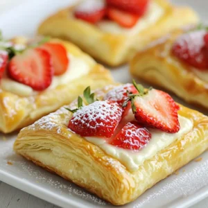 To make the perfect Strawberry Cream Cheese Danish, gather the following ingredients: - 1 sheet of puff pastry, thawed - 1 cup of fresh strawberries, hulled and sliced - &frac12; cup of cream cheese, softened to room temperature - &frac14; cup of powdered sugar, plus extra for dusting - 1 teaspoon of vanilla extract - 1 egg, beaten (for egg wash) - 1 tablespoon of lemon juice - 1 tablespoon of cornstarch - 1 tablespoon of granulated sugar - 1 tablespoon of milk (for glazing) Each ingredient plays a key role in creating the best danish. The puff pastry gives it that flaky texture we all love. Fresh strawberries add juicy sweetness. Cream cheese provides a rich and creamy filling that balances the fruit. The powdered sugar sweetens the cream cheese, while the vanilla extract enhances the flavor. The egg wash helps create a golden crust, making your danish look beautiful. Lemon juice brightens the strawberry flavor, and cornstarch thickens the filling for a perfect bite. Granulated sugar helps the strawberries caramelize, while milk adds shine to the glaze. These ingredients combine to make a delightful pastry that&rsquo;s hard to resist. Enjoy the process of gathering them and get ready for a tasty treat! {{ingredient_image_2}} Set your oven to 400&deg;F (200&deg;C). Line a baking sheet with parchment paper. This helps prevent sticking. Place the thawed puff pastry on a lightly floured surface. Roll it out gently to remove creases. Cut it into four equal rectangles. Keep the pieces spaced apart on the baking sheet. In a mixing bowl, combine softened cream cheese, powdered sugar, and vanilla extract. Mix until the filling is smooth and creamy. Spoon a generous tablespoon into the center of each pastry rectangle. In another bowl, mix sliced strawberries with lemon juice, granulated sugar, and cornstarch. Gently toss the strawberries until they are evenly coated. Spoon the strawberry mixture over the cream cheese filling. Fold the edges of the puff pastry over the filling. Pinch the corners together to seal in the filling. This keeps the deliciousness inside while baking. Bake the danishes in the oven for 20 to 25 minutes. They are done when they puff up and turn golden brown. Once baked, let the danishes cool slightly. Mix milk with powdered sugar to create a smooth glaze. Drizzle this over the warm danishes for a lovely shine. Dust the danishes with extra powdered sugar before serving. This adds a sweet touch and makes them look great. Serve them on a pretty platter with fresh strawberry slices and mint for an eye-catching presentation. - Thawing: Take the puff pastry out of the freezer. Let it sit in the fridge overnight. If you need it fast, leave it at room temp for about 30 minutes. - Rolling: Place the thawed pastry on a floured surface. Roll it gently to remove creases. Aim for a smooth, even layer about 1/8 inch thick. This helps it puff nicely while baking. - Flavor Variations: You can make the cream cheese filling your own. Add a teaspoon of lemon or orange zest for a bright flavor. Try a splash of almond extract for a nutty twist. You can also mix in some chopped herbs for a unique taste. - Alternative Fruits: Don&rsquo;t just stick to strawberries! Try blueberries, raspberries, or sliced peaches for a fun change. You can even mix fruits. Add a bit of cinnamon or nutmeg for warmth. For a crunch, sprinkle in some chopped nuts. Pro Tips Keep the Puff Pastry Cold: Ensure your puff pastry remains cold while working. Warm pastry can become difficult to handle and won&rsquo;t puff as nicely in the oven. Use Fresh Strawberries: Opt for fresh strawberries for the best flavor and texture. Frozen strawberries can release too much moisture, making the filling runny. Experiment with Flavors: Feel free to add a pinch of cinnamon or a splash of almond extract to the cream cheese mixture for an extra layer of flavor. Monitor Baking Time: Keep a close eye on your danishes in the last few minutes of baking. Ovens can vary, and you want to pull them out once they are golden brown. {{image_4}} You can switch up the fruit in your danish for new flavors. Blueberries make a great filling. Just mix them with lemon juice, sugar, and cornstarch like you did with strawberries. Raspberries also work well, giving a tart taste that pairs nicely with cream cheese. For a tropical twist, try diced mango or peaches. Each fruit adds its own fun twist! If you want a vegan version, you can use plant-based cream cheese. Brands like Tofutti or Kite Hill offer great options. For the egg wash, try almond milk or soy milk instead. This gives your pastry a nice shine without using eggs. You won't lose any flavor, and everyone can enjoy your danish! For those who love savory treats, you can swap out the sweet filling for cheese and veggies. Use ricotta or feta cheese for a rich taste. Add diced spinach, roasted red peppers, or even artichokes. This savory danish can be a great appetizer or snack. Just follow the same steps, and you have a delicious twist on the classic! To keep your danishes fresh, place them in an airtight container. Store them in the fridge for up to three days. This ensures they stay tasty and safe to eat. To reheat, preheat your oven to 350&deg;F (175&deg;C). Place the danishes on a baking sheet. Heat them for about 10 minutes. This method helps keep the pastry crisp, so you enjoy the texture. To freeze, wrap each danish tightly in plastic wrap. Then, place them in a freezer bag. They will stay fresh for up to three months. When ready to eat, thaw them in the fridge overnight. Reheat as mentioned earlier for the best results. Yes, you can use store-bought cream cheese. It saves time and effort. Look for a brand that is smooth and creamy. This helps your filling taste great. If you want a twist, try flavored cream cheese. You can find options like strawberry or chive. Baking takes about 20 to 25 minutes. You want your pastries to be golden brown. Keep an eye on them in the last few minutes. The puff pastry should puff up nicely. If you see a lovely golden color, they are ready! Yes, you can prep danishes ahead. Prepare the filling and assemble them. Keep them in the fridge until you are ready to bake. You can also freeze them before baking. Just remember to thaw them before baking. This keeps them fresh and tasty. Pair these danishes with a side of fresh fruit. Berries or melon work well. You can also serve them with coffee or tea. A sweet beverage complements the pastry&rsquo;s flavors. For a brunch, add some whipped cream or ice cream on top. Enjoy! This blog post covered how to make delicious Strawberry Cream Cheese Danishes. You learned the ingredients and step-by-step instructions for baking them. I shared tips for using frozen puff pastry and customizing fillings. You can even try savory or vegan options and store any leftovers properly. These danishes are fun to make and perfect for any occasion. Enjoy creating these tasty treats!