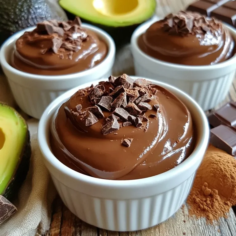 To make this creamy and delicious avocado chocolate pudding, you need just a few simple ingredients. Here’s what you’ll need: - Ripe avocados - Unsweetened cocoa powder - Maple syrup or honey - Almond milk or milk of choice - Pure vanilla extract - Sea salt - Optional dark chocolate chips Each ingredient plays a key role in creating that rich, smooth texture. Ripe avocados are crucial. They give the pudding its creamy base and a healthy boost. The unsweetened cocoa powder brings that delightful chocolate flavor without added sugar. You can choose maple syrup or honey to sweeten your pudding. Both offer natural sweetness, but maple syrup adds a unique touch. Almond milk keeps it light and vegan, but feel free to use any milk you prefer. Don’t forget the pinch of sea salt! It enhances the flavors and balances the sweetness. If you want an extra chocolate kick, add dark chocolate chips. They melt into the mix for a more indulgent treat. Gather these ingredients, and you’ll be ready to create something special! {{ingredient_image_2}} To start, you need to peel and pit your ripe avocados. Hold the avocado in one hand and slice it down the middle. Twist to open it and remove the pit with a spoon. Be sure to use ripe avocados; they should feel soft but not mushy. This will give your pudding a smooth and creamy texture. If the avocados are not ripe, the pudding could end up lumpy. Next, place the prepared avocados into a high-speed blender or food processor. Add the unsweetened cocoa powder, maple syrup or honey, almond milk, pure vanilla extract, and a pinch of sea salt. Blend everything on high speed. Make sure you stop to scrape down the sides. This ensures all the ingredients mix well. The goal is a smooth and creamy consistency, so keep blending until you achieve that. If you're feeling indulgent, you can melt dark chocolate chips. You can do this in the microwave for about 20-30 seconds. Stir it and check if it’s melted. You can also use a double boiler for this step. Once melted, pour the chocolate into the blender. Blend again until the chocolate is fully mixed into the pudding for an extra rich flavor. Now it’s time to spoon the mixture into serving bowls or elegant glasses. This pudding looks great in clear dishes! After serving, place them in the refrigerator for at least 30 minutes. This chilling time allows the pudding to firm up slightly. Before enjoying, you might like to add some fresh berries or chopped nuts on top for extra flavor and texture. To get the perfect creamy texture, blending is key. Start by placing the ripe avocados in your blender. Add the cocoa powder, maple syrup, almond milk, vanilla, and sea salt. Blend on high speed until it is smooth. I always stop to scrape the sides. This step helps mix all the ingredients well. Taste your pudding after blending. If you want it sweeter, add more maple syrup or honey. Blend again to mix. You can also swap sweeteners. Try agave or stevia for a different flavor. Just keep tasting until it’s just right! Serving your avocado chocolate pudding in clear glasses looks great. It shows off the rich color. For garnish, use fresh berries or a sprinkle of nuts. A sprig of mint adds a nice touch, too. Make it fun and colorful! Pro Tips Choose Ripe Avocados: Make sure your avocados are perfectly ripe for a creamy texture. They should yield slightly to gentle pressure when squeezed. Adjust Sweetness: Taste the mousse before chilling; you can always add more maple syrup or honey to customize the sweetness to your liking. Chill for Best Flavor: Allow the mousse to chill in the refrigerator for at least 30 minutes, as this helps the flavors meld beautifully and enhances the texture. Garnish Creatively: Elevate your presentation with fresh berries, nuts, or a dollop of whipped cream. A sprig of mint can add a refreshing touch! {{image_4}} You can boost the flavor of your avocado chocolate pudding with a few fun twists. Consider using different sweeteners like agave or stevia. Both give a unique taste while keeping it sweet. You can also add infused flavors. A touch of mint or a bit of orange zest can make your pudding pop with freshness. If you want a dairy-free or vegan treat, you have options. Almond milk works great, but you can choose any plant-based milk you like. Coconut milk adds a creamy touch. You can also swap honey for maple syrup for a vegan-friendly sweetener. These changes keep the pudding rich and tasty. For those watching carbs, you can make low-carb swaps. Use erythritol or monk fruit as sweeteners. These keep the sweetness without the carbs. You can also add healthy extras like nut butters or superfoods. Chia seeds or flax seeds can boost the nutrition while keeping it delicious. Store your leftover avocado chocolate pudding in an airtight container. Glass or plastic containers work well. Keep it in the fridge to maintain freshness. Cover the surface with plastic wrap to prevent browning. This helps keep the pudding creamy and smooth. In the refrigerator, the pudding lasts for about 3 to 5 days. Make sure to check for any changes in smell or texture before eating. You can freeze the pudding for up to 2 months. Just place it in a freezer-safe container. Thaw it in the fridge overnight before enjoying. Yes, avocado chocolate pudding is healthy! Avocados are packed with good fats, vitamins, and fiber. They can help you feel full and satisfied. Here are some key benefits of avocados: - Healthy fats: They contain monounsaturated fats, which are heart-healthy. - Vitamins: Avocados are rich in vitamins E, K, and B6. - Fiber: They provide a good amount of fiber, aiding digestion. This pudding gives you a sweet treat without the guilt. You can use ripe bananas, but the texture and taste will change. Bananas make the pudding sweeter and creamier. Here’s how they compare: - Texture: Bananas are smoother and may make the pudding less rich. - Flavor: Bananas add a fruity taste, while avocados have a mild, creamy flavor. If you want a chocolate flavor, avocados are the best choice. Making avocado chocolate pudding is quick! Here’s a simple breakdown: - Prep time: About 10 minutes to gather and blend ingredients. - Chill time: At least 30 minutes in the fridge to set. In under an hour, you can enjoy this tasty treat! Yes, you can make it ahead! This pudding tastes even better after chilling. Here’s a timeline: - Chilling: Let it chill for at least 30 minutes before serving. - Serving: It’s best served within 2-3 days for fresh taste. Make it the day before a party for a great dessert! In this post, we explored how to make delicious avocado chocolate pudding using simple ingredients. We looked at steps for blending and serving, plus tips for perfect texture and sweetness. Remember, you can customize flavors and store leftovers for later. This dessert is not only tasty but also healthy. I encourage you to experiment with variations and share your creations. Enjoy making this treat, and let it impress everyone at your next gathering!