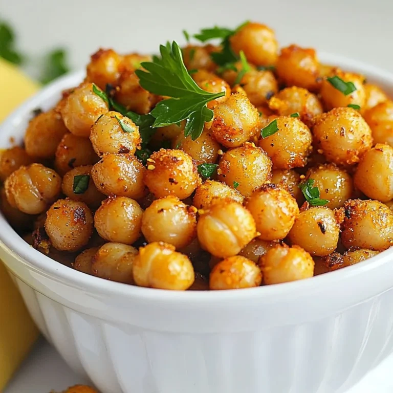 To make Spicy Cajun Roasted Chickpeas, you need a few key ingredients. Here’s what you’ll need: - 1 can (15 oz) chickpeas, drained and thoroughly rinsed - 2 tablespoons extra virgin olive oil - 2 teaspoons Cajun seasoning - 1 teaspoon garlic powder - 1/2 teaspoon smoked paprika - 1/2 teaspoon cayenne pepper (feel free to adjust according to your heat preference) - Sea salt to taste - Fresh parsley, finely chopped (for garnish) These ingredients come together to create a crunchy, flavorful snack. Each one plays a role in building that zesty Cajun flavor. The chickpeas provide a great base. The olive oil helps them crisp up nicely in the oven. The spices give them a punch that makes your taste buds dance. You can adjust the cayenne pepper to make it as spicy as you like. Don’t forget the fresh parsley! It adds a splash of color and freshness when you serve the chickpeas. Each bite will be a crunchy delight. Enjoy this tasty treat any time of day! {{ingredient_image_2}} 1. Preheat your oven to 400°F (200°C). 2. Drain and rinse 1 can (15 oz) of chickpeas. 3. Spread the chickpeas on a clean kitchen towel. 4. Gently pat them dry. This step helps them get crispy. 1. In a medium bowl, combine the chickpeas with: - 2 tablespoons extra virgin olive oil - 2 teaspoons Cajun seasoning - 1 teaspoon garlic powder - 1/2 teaspoon smoked paprika - 1/2 teaspoon cayenne pepper - Sea salt to taste 2. Use a spatula or your hands to mix well. Make sure each chickpea gets coated in the spices. 1. Line a baking sheet with parchment paper. 2. Spread the seasoned chickpeas in a single layer. 3. Roast them in the preheated oven for 25-30 minutes. 4. Shake the pan halfway through to ensure even roasting. 5. When they turn golden brown and crispy, take them out. 6. Let them cool for a few minutes. This helps them get even crunchier. 7. Garnish with finely chopped fresh parsley before serving. To get that perfect crunch, start by drying your chickpeas well. After draining, spread them on a towel and pat them dry. Removing moisture helps them crisp up in the oven. Next, space them out on the baking sheet. Give each chickpea room to breathe. This airflow keeps them from steaming, ensuring they turn golden and crunchy. You can easily modify the spice levels to match your taste. If you want more heat, add extra cayenne pepper. Want less spice? Cut back on the Cajun seasoning. You can also explore alternative seasonings. Try adding paprika or even curry powder for a twist. Each option brings a new layer of flavor. Serve your Spicy Cajun Roasted Chickpeas in a fun bowl. A bed of fresh greens adds color and freshness. You can also arrange them on a platter with dips like hummus or guacamole. For a finishing touch, garnish with finely chopped fresh parsley. This adds a bright pop and makes the dish look extra special. Pro Tips Dry Chickpeas Thoroughly: Ensure the chickpeas are completely dry before seasoning. This helps achieve maximum crispiness when roasted. Customize the Heat: Adjust the amount of cayenne pepper based on your spice preference. Start with less if you're unsure and add more for extra heat! Rotate for Even Roasting: Remember to shake the baking pan halfway through the cooking time to ensure the chickpeas roast evenly and get crispy all over. Serve Immediately: For the best texture and flavor, serve the roasted chickpeas right after they cool slightly. They are best enjoyed fresh out of the oven! {{image_4}} You can easily change the taste of your Spicy Cajun Roasted Chickpeas. Adding cheese or nutritional yeast gives a rich flavor. Nutritional yeast adds a cheesy, nutty taste, perfect for vegans. If you want a kick, try different spices. Add curry powder for warmth or smoked paprika for a deeper flavor. You can use dried chickpeas instead of canned ones. Just soak and cook them first. This choice gives a fresher taste. If you want, you can swap olive oil with avocado or coconut oil. Each oil brings its own unique flavor to the dish. This recipe fits many diets. It is vegan and gluten-free. To make it vegan, just skip any cheese. For gluten-free, check your spice mix to ensure it has no gluten. These adjustments help everyone enjoy this crunchy snack! Store your leftover Spicy Cajun Roasted Chickpeas in an airtight container. Glass jars or plastic containers work best. This keeps them fresh and prevents moisture. To keep them crispy, add a paper towel inside the container. This absorbs any extra moisture and helps maintain that crunch. To reheat without losing texture, use an oven or an air fryer. Preheat your oven to 350°F (175°C). Spread the chickpeas on a baking tray. Heat them for about 10 minutes. This method helps them regain their crispiness. If using an air fryer, set it to 350°F (175°C) for about 5 minutes. Yes, you can freeze roasted chickpeas! Spread them on a baking sheet and freeze until solid. Then transfer them to a freezer bag. This helps save space and keeps them fresh. To thaw, take them out and let them sit at room temperature for about 30 minutes. For best results, reheat them after thawing for a crunchy snack. It takes about 25 to 30 minutes to roast chickpeas at 400°F (200°C). Roasting transforms them from soft to crunchy. You should shake the pan halfway through. This step helps them cook evenly and become golden brown. Yes, you can use other beans like black beans or kidney beans. However, chickpeas work best for this recipe. Their texture is firm and holds up well during roasting. If you use other beans, adjust the cooking time. They may need more or less time to become crispy. Spicy Cajun Roasted Chickpeas pair well with many dishes. Here are some ideas: - Serve them on a bed of fresh greens. - Add them to salads for extra crunch. - Pair with creamy hummus or zesty guacamole as dips. - Use them as a topping for soups or grain bowls. These chickpeas make a great snack too. Enjoy them straight from the bowl! You now have a clear guide to making Spicy Cajun Roasted Chickpeas. We covered ingredients, step-by-step instructions, and tips to enhance your dish. Remember, drying the chickpeas helps them get crispy. Don’t hesitate to experiment with flavors and spices. Whether you enjoy them as a snack or a side, these chickpeas are versatile. Store leftovers properly to keep them crisp and delicious. Enjoy your cooking journey and treat your taste buds!