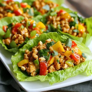 - 1 lb ground chicken - 1 tablespoon sesame oil - 1/4 cup green onions, finely chopped - 1/2 cup bell pepper, finely diced - 2 cloves garlic, minced - 1 tablespoon fresh ginger, grated - 1/4 cup soy sauce (or tamari) - 2 tablespoons creamy peanut butter - 1 tablespoon honey (or agave syrup) - 1 tablespoon freshly squeezed lime juice - 1/4 teaspoon red pepper flakes (optional) - 1 head of butter or romaine lettuce - Chopped roasted peanuts for garnish - Fresh cilantro for garnish This dish serves four. Each serving offers a balance of protein and healthy fats. Ground chicken gives you lean protein. Peanut butter adds healthy fats and flavor. The veggies provide vitamins and minerals. With this mix, you also get fiber from the lettuce. The honey adds a bit of sweetness without too many calories. You can swap ground chicken for ground turkey or tofu. If you want a vegan option, use chickpeas instead of meat. For soy sauce, tamari works well for gluten-free diets. You can use maple syrup in place of honey for a vegan alternative. Use your favorite bell pepper color to change the look or taste. {{ingredient_image_2}} The prep time for Peanut Chicken Lettuce Cups is about 15 minutes. Cooking takes around 10 minutes, making the total time 25 minutes. You can serve this dish for four people. 1. Heat 1 tablespoon of sesame oil in a large skillet over medium heat. 2. Add 1 pound of ground chicken to the skillet. Use a spatula to break it into small pieces. 3. Cook the chicken for about 5-7 minutes. It should be fully cooked and no longer pink. 4. Next, add 1/4 cup of finely chopped green onions, 1/2 cup of diced bell pepper, 2 cloves of minced garlic, and 1 tablespoon of grated ginger to the skillet. 5. Saut&eacute; these ingredients together for 2-3 minutes. The veggies should soften but still have some crunch. 6. In a small bowl, mix 1/4 cup of soy sauce, 2 tablespoons of creamy peanut butter, 1 tablespoon of honey, 1 tablespoon of lime juice, and 1/4 teaspoon of red pepper flakes if you want some heat. 7. Pour this sauce over the chicken and vegetables in the skillet. Stir well to coat everything evenly. 8. Cook for an additional 2-3 minutes to let the flavors blend. 9. Remove the skillet from heat and let the mixture cool for a couple of minutes. 10. To serve, take a lettuce leaf and fill it with a good amount of the peanut chicken mixture. 11. Top it with chopped roasted peanuts and fresh cilantro for a nice finish. You know the chicken is done when it is white and no longer pink. The vegetables should look bright and slightly tender but still crisp. When the sauce thickens and coats the chicken and veggies, it&rsquo;s ready to serve. To make the best peanut chicken, use fresh ingredients. Fresh garlic and ginger enhance the flavor. Heat the sesame oil before adding the ground chicken. This helps it brown well. Break the chicken into small pieces for even cooking. Cook until it is no longer pink, about 5-7 minutes. Add the veggies next. Green onions and bell peppers add color and crunch. Saut&eacute; them for just a few minutes. You want them soft but not mushy. When mixing the sauce, whisk it well. This ensures a smooth blend of flavors. Pour it over the chicken and veggies. Stir until everything is coated. Let it cook for a few extra minutes to let the flavors meld. For a stunning display, use a bright platter. Arrange the lettuce cups neatly. Fill each leaf with a generous scoop of the mixture. Top them with chopped peanuts and fresh cilantro. This adds a nice pop of color. Include lime wedges on the side for a zesty touch. Serve a small bowl of extra sauce for dipping. This invites guests to enjoy more flavor with each bite. One common mistake is overcooking the chicken. Keep an eye on it to avoid dryness. Avoid using too much sauce, as it can make the cups soggy. Make sure the sauce is well mixed before adding it. Don't skip the garnish. Peanuts and cilantro make a big difference in flavor and look. Finally, avoid using wilted lettuce. Fresh leaves hold up better and add crunch. Pro Tips Choose Fresh Ingredients: Always select fresh and vibrant vegetables for your lettuce cups to enhance flavor and presentation. Customize the Spice Level: Adjust the amount of red pepper flakes according to your preference for heat. Start with less and add more if desired. Prep Ahead: You can prepare the chicken mixture in advance and store it in the fridge, making assembly a breeze when it's time to serve. Serve with Extra Sauce: Provide a small bowl of the peanut sauce on the side for dipping to enhance the flavor of each bite. {{image_4}} You can easily make this dish vegetarian or vegan. Replace ground chicken with tofu or tempeh. Use firm tofu for the best texture. Crumble it before cooking to mimic the chicken's bite. For a vegan sauce, swap honey with agave syrup. This keeps the sweetness while staying plant-based. You still get great flavors with this swap! To keep this dish gluten-free, simply use tamari instead of soy sauce. Tamari is a great alternative, and it has a similar taste. Make sure to check other ingredients, like peanut butter, for gluten-free labels. Many brands offer gluten-free options. This way, everyone can enjoy the meal! You can add your own twist to the flavors. If you love spice, include more red pepper flakes or add sriracha sauce. For a sweeter touch, increase the honey or agave syrup. You might also try adding lime zest for a fresh burst of flavor. Mix and match these ideas to create your perfect peanut chicken lettuce cups! To store leftovers, first let the peanut chicken cool down. Place it in an airtight container. You can keep it in the fridge for up to three days. Make sure to separate the chicken mixture from the lettuce. This keeps the lettuce crisp and fresh. When you're ready to eat, take the chicken out of the fridge. You can reheat it on the stove or in the microwave. If using the stove, warm it in a skillet over medium heat. Stir it often until it is hot. In the microwave, heat it for 30 seconds at a time. Stir in between to ensure even heating. You can also freeze the peanut chicken mixture. Place it in a freezer-safe container. It can stay good for up to two months. When ready to use, let it thaw in the fridge overnight. Reheat it as mentioned before. Avoid freezing the lettuce, as it does not hold up well. You can try ground turkey or ground pork. Both provide a similar texture. If you want a meatless option, consider crumbled tofu or tempeh. These alternatives absorb flavors well and work nicely with the peanut sauce. To add heat, increase the red pepper flakes in the sauce. You can also include sliced fresh chili peppers or sriracha for an extra kick. Adjust the spice to your taste, and enjoy the bold flavors! Yes! Butter lettuce and romaine work great, but you can also use iceberg or even cabbage leaves. Each type offers a different crunch and flavor. Experiment and find your favorite! Absolutely! This dish stores well and can be made ahead. Prepare the chicken mixture and store it separately from the lettuce leaves. When ready to eat, simply reheat the chicken and assemble your cups! Serve these cups with a side of rice or quinoa for a filling meal. Fresh fruit, like sliced mango or pineapple, adds a nice contrast. You might also enjoy a simple cucumber salad for a refreshing crunch. This post covers everything you need to know about Peanut Chicken Lettuce Cups. We explored the key ingredients, nutritional facts, and smart substitutions. I shared clear cooking steps and tips to avoid common mistakes. You can try fun variations, from vegan options to different flavors. Plus, I included storage tips for leftovers. Remember, cooking can be fun and rewarding. Enjoy making this dish and share it with others!