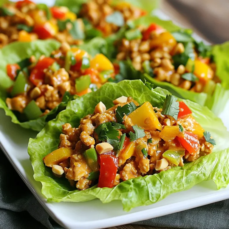 - 1 lb ground chicken - 1 tablespoon sesame oil - 1/4 cup green onions, finely chopped - 1/2 cup bell pepper, finely diced - 2 cloves garlic, minced - 1 tablespoon fresh ginger, grated - 1/4 cup soy sauce (or tamari) - 2 tablespoons creamy peanut butter - 1 tablespoon honey (or agave syrup) - 1 tablespoon freshly squeezed lime juice - 1/4 teaspoon red pepper flakes (optional) - 1 head of butter or romaine lettuce - Chopped roasted peanuts for garnish - Fresh cilantro for garnish This dish serves four. Each serving offers a balance of protein and healthy fats. Ground chicken gives you lean protein. Peanut butter adds healthy fats and flavor. The veggies provide vitamins and minerals. With this mix, you also get fiber from the lettuce. The honey adds a bit of sweetness without too many calories. You can swap ground chicken for ground turkey or tofu. If you want a vegan option, use chickpeas instead of meat. For soy sauce, tamari works well for gluten-free diets. You can use maple syrup in place of honey for a vegan alternative. Use your favorite bell pepper color to change the look or taste. {{ingredient_image_2}} The prep time for Peanut Chicken Lettuce Cups is about 15 minutes. Cooking takes around 10 minutes, making the total time 25 minutes. You can serve this dish for four people. 1. Heat 1 tablespoon of sesame oil in a large skillet over medium heat. 2. Add 1 pound of ground chicken to the skillet. Use a spatula to break it into small pieces. 3. Cook the chicken for about 5-7 minutes. It should be fully cooked and no longer pink. 4. Next, add 1/4 cup of finely chopped green onions, 1/2 cup of diced bell pepper, 2 cloves of minced garlic, and 1 tablespoon of grated ginger to the skillet. 5. Sauté these ingredients together for 2-3 minutes. The veggies should soften but still have some crunch. 6. In a small bowl, mix 1/4 cup of soy sauce, 2 tablespoons of creamy peanut butter, 1 tablespoon of honey, 1 tablespoon of lime juice, and 1/4 teaspoon of red pepper flakes if you want some heat. 7. Pour this sauce over the chicken and vegetables in the skillet. Stir well to coat everything evenly. 8. Cook for an additional 2-3 minutes to let the flavors blend. 9. Remove the skillet from heat and let the mixture cool for a couple of minutes. 10. To serve, take a lettuce leaf and fill it with a good amount of the peanut chicken mixture. 11. Top it with chopped roasted peanuts and fresh cilantro for a nice finish. You know the chicken is done when it is white and no longer pink. The vegetables should look bright and slightly tender but still crisp. When the sauce thickens and coats the chicken and veggies, it’s ready to serve. To make the best peanut chicken, use fresh ingredients. Fresh garlic and ginger enhance the flavor. Heat the sesame oil before adding the ground chicken. This helps it brown well. Break the chicken into small pieces for even cooking. Cook until it is no longer pink, about 5-7 minutes. Add the veggies next. Green onions and bell peppers add color and crunch. Sauté them for just a few minutes. You want them soft but not mushy. When mixing the sauce, whisk it well. This ensures a smooth blend of flavors. Pour it over the chicken and veggies. Stir until everything is coated. Let it cook for a few extra minutes to let the flavors meld. For a stunning display, use a bright platter. Arrange the lettuce cups neatly. Fill each leaf with a generous scoop of the mixture. Top them with chopped peanuts and fresh cilantro. This adds a nice pop of color. Include lime wedges on the side for a zesty touch. Serve a small bowl of extra sauce for dipping. This invites guests to enjoy more flavor with each bite. One common mistake is overcooking the chicken. Keep an eye on it to avoid dryness. Avoid using too much sauce, as it can make the cups soggy. Make sure the sauce is well mixed before adding it. Don't skip the garnish. Peanuts and cilantro make a big difference in flavor and look. Finally, avoid using wilted lettuce. Fresh leaves hold up better and add crunch. Pro Tips Choose Fresh Ingredients: Always select fresh and vibrant vegetables for your lettuce cups to enhance flavor and presentation. Customize the Spice Level: Adjust the amount of red pepper flakes according to your preference for heat. Start with less and add more if desired. Prep Ahead: You can prepare the chicken mixture in advance and store it in the fridge, making assembly a breeze when it's time to serve. Serve with Extra Sauce: Provide a small bowl of the peanut sauce on the side for dipping to enhance the flavor of each bite. {{image_4}} You can easily make this dish vegetarian or vegan. Replace ground chicken with tofu or tempeh. Use firm tofu for the best texture. Crumble it before cooking to mimic the chicken's bite. For a vegan sauce, swap honey with agave syrup. This keeps the sweetness while staying plant-based. You still get great flavors with this swap! To keep this dish gluten-free, simply use tamari instead of soy sauce. Tamari is a great alternative, and it has a similar taste. Make sure to check other ingredients, like peanut butter, for gluten-free labels. Many brands offer gluten-free options. This way, everyone can enjoy the meal! You can add your own twist to the flavors. If you love spice, include more red pepper flakes or add sriracha sauce. For a sweeter touch, increase the honey or agave syrup. You might also try adding lime zest for a fresh burst of flavor. Mix and match these ideas to create your perfect peanut chicken lettuce cups! To store leftovers, first let the peanut chicken cool down. Place it in an airtight container. You can keep it in the fridge for up to three days. Make sure to separate the chicken mixture from the lettuce. This keeps the lettuce crisp and fresh. When you're ready to eat, take the chicken out of the fridge. You can reheat it on the stove or in the microwave. If using the stove, warm it in a skillet over medium heat. Stir it often until it is hot. In the microwave, heat it for 30 seconds at a time. Stir in between to ensure even heating. You can also freeze the peanut chicken mixture. Place it in a freezer-safe container. It can stay good for up to two months. When ready to use, let it thaw in the fridge overnight. Reheat it as mentioned before. Avoid freezing the lettuce, as it does not hold up well. You can try ground turkey or ground pork. Both provide a similar texture. If you want a meatless option, consider crumbled tofu or tempeh. These alternatives absorb flavors well and work nicely with the peanut sauce. To add heat, increase the red pepper flakes in the sauce. You can also include sliced fresh chili peppers or sriracha for an extra kick. Adjust the spice to your taste, and enjoy the bold flavors! Yes! Butter lettuce and romaine work great, but you can also use iceberg or even cabbage leaves. Each type offers a different crunch and flavor. Experiment and find your favorite! Absolutely! This dish stores well and can be made ahead. Prepare the chicken mixture and store it separately from the lettuce leaves. When ready to eat, simply reheat the chicken and assemble your cups! Serve these cups with a side of rice or quinoa for a filling meal. Fresh fruit, like sliced mango or pineapple, adds a nice contrast. You might also enjoy a simple cucumber salad for a refreshing crunch. This post covers everything you need to know about Peanut Chicken Lettuce Cups. We explored the key ingredients, nutritional facts, and smart substitutions. I shared clear cooking steps and tips to avoid common mistakes. You can try fun variations, from vegan options to different flavors. Plus, I included storage tips for leftovers. Remember, cooking can be fun and rewarding. Enjoy making this dish and share it with others!