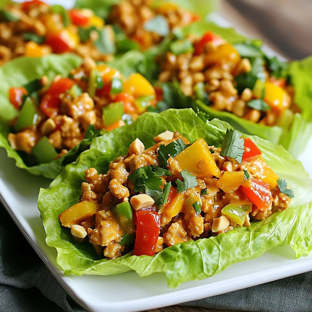 - 1 lb ground chicken - 1 tablespoon sesame oil - 1/4 cup green onions, finely chopped - 1/2 cup bell pepper, finely diced - 2 cloves garlic, minced - 1 tablespoon fresh ginger, grated - 1/4 cup soy sauce (or tamari) - 2 tablespoons creamy peanut butter - 1 tablespoon honey (or agave syrup) - 1 tablespoon freshly squeezed lime juice - 1/4 teaspoon red pepper flakes (optional) - 1 head of butter or romaine lettuce - Chopped roasted peanuts for garnish - Fresh cilantro for garnish This dish serves four. Each serving offers a balance of protein and healthy fats. Ground chicken gives you lean protein. Peanut butter adds healthy fats and flavor. The veggies provide vitamins and minerals. With this mix, you also get fiber from the lettuce. The honey adds a bit of sweetness without too many calories. You can swap ground chicken for ground turkey or tofu. If you want a vegan option, use chickpeas instead of meat. For soy sauce, tamari works well for gluten-free diets. You can use maple syrup in place of honey for a vegan alternative. Use your favorite bell pepper color to change the look or taste. {{ingredient_image_2}} The prep time for Peanut Chicken Lettuce Cups is about 15 minutes. Cooking takes around 10 minutes, making the total time 25 minutes. You can serve this dish for four people. 1. Heat 1 tablespoon of sesame oil in a large skillet over medium heat. 2. Add 1 pound of ground chicken to the skillet. Use a spatula to break it into small pieces. 3. Cook the chicken for about 5-7 minutes. It should be fully cooked and no longer pink. 4. Next, add 1/4 cup of finely chopped green onions, 1/2 cup of diced bell pepper, 2 cloves of minced garlic, and 1 tablespoon of grated ginger to the skillet. 5. Sauté these ingredients together for 2-3 minutes. The veggies should soften but still have some crunch. 6. In a small bowl, mix 1/4 cup of soy sauce, 2 tablespoons of creamy peanut butter, 1 tablespoon of honey, 1 tablespoon of lime juice, and 1/4 teaspoon of red pepper flakes if you want some heat. 7. Pour this sauce over the chicken and vegetables in the skillet. Stir well to coat everything evenly. 8. Cook for an additional 2-3 minutes to let the flavors blend. 9. Remove the skillet from heat and let the mixture cool for a couple of minutes. 10. To serve, take a lettuce leaf and fill it with a good amount of the peanut chicken mixture. 11. Top it with chopped roasted peanuts and fresh cilantro for a nice finish. You know the chicken is done when it is white and no longer pink. The vegetables should look bright and slightly tender but still crisp. When the sauce thickens and coats the chicken and veggies, it’s ready to serve. To make the best peanut chicken, use fresh ingredients. Fresh garlic and ginger enhance the flavor. Heat the sesame oil before adding the ground chicken. This helps it brown well. Break the chicken into small pieces for even cooking. Cook until it is no longer pink, about 5-7 minutes. Add the veggies next. Green onions and bell peppers add color and crunch. Sauté them for just a few minutes. You want them soft but not mushy. When mixing the sauce, whisk it well. This ensures a smooth blend of flavors. Pour it over the chicken and veggies. Stir until everything is coated. Let it cook for a few extra minutes to let the flavors meld. For a stunning display, use a bright platter. Arrange the lettuce cups neatly. Fill each leaf with a generous scoop of the mixture. Top them with chopped peanuts and fresh cilantro. This adds a nice pop of color. Include lime wedges on the side for a zesty touch. Serve a small bowl of extra sauce for dipping. This invites guests to enjoy more flavor with each bite. One common mistake is overcooking the chicken. Keep an eye on it to avoid dryness. Avoid using too much sauce, as it can make the cups soggy. Make sure the sauce is well mixed before adding it. Don't skip the garnish. Peanuts and cilantro make a big difference in flavor and look. Finally, avoid using wilted lettuce. Fresh leaves hold up better and add crunch. Pro Tips Choose Fresh Ingredients: Always select fresh and vibrant vegetables for your lettuce cups to enhance flavor and presentation. Customize the Spice Level: Adjust the amount of red pepper flakes according to your preference for heat. Start with less and add more if desired. Prep Ahead: You can prepare the chicken mixture in advance and store it in the fridge, making assembly a breeze when it's time to serve. Serve with Extra Sauce: Provide a small bowl of the peanut sauce on the side for dipping to enhance the flavor of each bite. {{image_4}} You can easily make this dish vegetarian or vegan. Replace ground chicken with tofu or tempeh. Use firm tofu for the best texture. Crumble it before cooking to mimic the chicken's bite. For a vegan sauce, swap honey with agave syrup. This keeps the sweetness while staying plant-based. You still get great flavors with this swap! To keep this dish gluten-free, simply use tamari instead of soy sauce. Tamari is a great alternative, and it has a similar taste. Make sure to check other ingredients, like peanut butter, for gluten-free labels. Many brands offer gluten-free options. This way, everyone can enjoy the meal! You can add your own twist to the flavors. If you love spice, include more red pepper flakes or add sriracha sauce. For a sweeter touch, increase the honey or agave syrup. You might also try adding lime zest for a fresh burst of flavor. Mix and match these ideas to create your perfect peanut chicken lettuce cups! To store leftovers, first let the peanut chicken cool down. Place it in an airtight container. You can keep it in the fridge for up to three days. Make sure to separate the chicken mixture from the lettuce. This keeps the lettuce crisp and fresh. When you're ready to eat, take the chicken out of the fridge. You can reheat it on the stove or in the microwave. If using the stove, warm it in a skillet over medium heat. Stir it often until it is hot. In the microwave, heat it for 30 seconds at a time. Stir in between to ensure even heating. You can also freeze the peanut chicken mixture. Place it in a freezer-safe container. It can stay good for up to two months. When ready to use, let it thaw in the fridge overnight. Reheat it as mentioned before. Avoid freezing the lettuce, as it does not hold up well. You can try ground turkey or ground pork. Both provide a similar texture. If you want a meatless option, consider crumbled tofu or tempeh. These alternatives absorb flavors well and work nicely with the peanut sauce. To add heat, increase the red pepper flakes in the sauce. You can also include sliced fresh chili peppers or sriracha for an extra kick. Adjust the spice to your taste, and enjoy the bold flavors! Yes! Butter lettuce and romaine work great, but you can also use iceberg or even cabbage leaves. Each type offers a different crunch and flavor. Experiment and find your favorite! Absolutely! This dish stores well and can be made ahead. Prepare the chicken mixture and store it separately from the lettuce leaves. When ready to eat, simply reheat the chicken and assemble your cups! Serve these cups with a side of rice or quinoa for a filling meal. Fresh fruit, like sliced mango or pineapple, adds a nice contrast. You might also enjoy a simple cucumber salad for a refreshing crunch. This post covers everything you need to know about Peanut Chicken Lettuce Cups. We explored the key ingredients, nutritional facts, and smart substitutions. I shared clear cooking steps and tips to avoid common mistakes. You can try fun variations, from vegan options to different flavors. Plus, I included storage tips for leftovers. Remember, cooking can be fun and rewarding. Enjoy making this dish and share it with others!