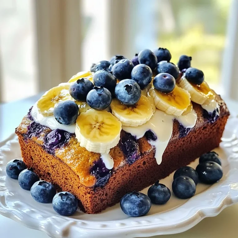 To make blueberry banana bread, gather the following ingredients: - 3 ripe bananas, mashed - 1 cup fresh blueberries or frozen, thawed - 1/3 cup coconut oil, melted - 1/2 cup packed brown sugar - 1 large egg, beaten - 1 teaspoon pure vanilla extract - 1 teaspoon baking soda - A pinch of fine salt - 1 cup all-purpose flour - 1/2 teaspoon ground cinnamon - Optional: 1/4 cup chopped walnuts or pecans These ingredients create a moist and flavorful bread. The bananas add natural sweetness, while the blueberries bring a burst of flavor. Coconut oil keeps the bread soft. Brown sugar gives it a rich taste. The egg helps bind everything together. Each ingredient plays a role, making the bread truly special. Feel free to personalize this recipe. You can add nuts for crunch or more spices for warmth. This bread is easy to make and fun to share. Enjoy the process of mixing and baking! {{ingredient_image_2}} Set your oven to 350°F (175°C). Prepare a 9x5 inch loaf pan by greasing it. You can use cooking spray or line it with parchment paper for easy removal. In a strong mixing bowl, mash three ripe bananas until smooth. Add 1/3 cup of melted coconut oil. Mix well until you see a uniform texture. Gradually stir in 1/2 cup of packed brown sugar. Mix until it blends well. Next, add one large beaten egg and 1 teaspoon of pure vanilla extract. Ensure the mixture is cohesive. Sprinkle 1 teaspoon of baking soda and a pinch of fine salt over the banana mix. Stir until these ingredients dissolve into the batter. Gently fold in 1 cup of all-purpose flour and 1/2 teaspoon of ground cinnamon. Use a spatula or wooden spoon. Mix until just combined, but avoid overworking the batter. Carefully add 1 cup of fresh blueberries or frozen ones that are thawed. If you like, toss in 1/4 cup of chopped walnuts or pecans. Fold them in gently to keep the blueberries intact. Pour the thick batter into the loaf pan. Smooth the top with a spatula. This helps ensure even baking. Place the pan in your preheated oven. Bake for 50-60 minutes. To check if it’s done, insert a toothpick into the center. It should come out clean. Remove the bread from the oven and let it cool in the pan for about 10 minutes. Then transfer it to a wire rack to cool completely. Enjoy your warm slices with a dollop of yogurt or a drizzle of honey! To make the best Blueberry Banana Bread, avoid overmixing. When you mix the dry and wet ingredients, do it gently. Combine them until just mixed. Overmixing can make the bread tough. You want it to be soft and fluffy. Oven types vary. If you use a convection oven, check the bread early. It may bake faster than in a regular oven. For dark pans, reduce baking time by about 5 minutes. Use a toothpick to test for doneness. If it comes out clean, your bread is ready. Want to add more flavor? Try these ideas: - Add a teaspoon of nutmeg for warmth. - Mix in a splash of almond extract. - Fold in a handful of chopped nuts for crunch. These small tweaks can elevate your bread to a new level! Pro Tips Use Ripe Bananas: The riper your bananas, the sweeter and more flavorful your bread will be. Look for bananas with plenty of brown spots for optimal sweetness. Don't Overmix: When folding in the dry ingredients, mix just until combined. Overmixing can lead to a dense bread, so keep it light and fluffy. Cool Before Slicing: Allow the bread to cool in the pan for a short time before transferring it to a wire rack. This helps it set and prevents it from falling apart when you slice it. Customize with Spices: Feel free to add other spices like nutmeg or cardamom for an extra layer of flavor. Just a pinch can elevate your banana bread to the next level. {{image_4}} To make your banana bread gluten-free, swap the all-purpose flour for gluten-free flour. Look for a blend that works well in baking. You can also use almond flour or oat flour, but adjust the amount slightly. Adding a bit of xanthan gum can help with texture. Always check that your baking powder is gluten-free too. If you prefer a vegan option, replace the egg with a flaxseed meal mix. Combine one tablespoon of flaxseed meal with three tablespoons of water. Let it sit for five minutes until it thickens. For the coconut oil, you can use applesauce or a plant-based butter. This will keep your bread moist while making it dairy-free. You can make this bread even more special by adding other fruits or nuts. Try adding chopped strawberries or raspberries for a fruity twist. For crunch, walnuts or pecans are great options. You can also mix in a handful of chocolate chips for a fun surprise. Just remember to gently fold these extras in to keep the bread fluffy. To keep your Blueberry Banana Bread fresh, store it at room temperature. Wrap it in plastic wrap or foil. This keeps it moist and tasty for a few days. If you want it to last longer, place it in the fridge. The cool air helps preserve its flavor. Just make sure to wrap it well to avoid drying out. Freezing your Blueberry Banana Bread is easy. First, let it cool completely. Then, slice the bread. Wrap each slice tightly in plastic wrap. Place the wrapped slices in a freezer bag. This will keep them fresh for up to three months. When you’re ready to enjoy, take a slice out and let it thaw at room temperature. You can also warm it in the microwave for a quick treat. When stored at room temperature, Blueberry Banana Bread lasts about three days. In the fridge, it can stay fresh for up to a week. If frozen, it remains good for about three months. Always check for any changes in smell or texture before eating. This way, you will enjoy every bite of your delicious bread! To check if your bread is ready, use the toothpick test. Insert a toothpick into the center. If it comes out clean, your bread is done. You can also look for a golden-brown color on the top. The bread should spring back when gently pressed. Yes, you can use frozen blueberries. Just thaw and drain them first. This helps keep the batter from getting too wet. Add them gently to the batter to avoid breaking. Frozen blueberries can be just as tasty as fresh ones. If you need a coconut oil substitute, try these options: - Unsalted butter - Vegetable oil - Applesauce for a healthier choice - Olive oil for a unique flavor Serve your Blueberry Banana Bread warm for the best taste. You can add a dollop of yogurt on top. A drizzle of honey also pairs nicely. For a pop of color, garnish each slice with fresh blueberries. Enjoy this tasty treat with a cup of tea or coffee! You now know how to make delicious Blueberry Banana Bread. Using ripe bananas and fresh blueberries makes it sweet and tasty. Follow each step carefully for the best results. Don't forget the tips to fine-tune your batter and storage advice to keep it fresh. With variations for gluten-free or vegan diets, everyone can enjoy it. This bread is perfect for breakfast, snacks, or dessert. I hope you love baking this treat as much as I do. Enjoy your tasty creation!