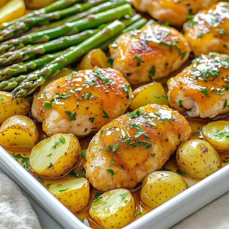 Here’s what you need for a tasty Honey Mustard Chicken Sheet Pan Dinner: - 4 boneless, skinless chicken breasts - 1/4 cup honey - 1/4 cup Dijon mustard - 2 tablespoons olive oil - 1 teaspoon garlic powder - 1 teaspoon smoked paprika - 1 teaspoon sea salt - 1/2 teaspoon freshly ground black pepper - 1 pound baby potatoes, halved - 1 pound fresh asparagus, trimmed - Fresh parsley for garnish These simple ingredients create a dish that is both hearty and flavorful. Each item plays a key role in building layers of taste. The chicken and honey mustard mix offers sweetness and a slight tang. The baby potatoes add a creamy texture, while the asparagus provides a crisp bite. Using fresh parsley not only adds color but also brightens the dish. Make sure to gather all your ingredients before starting. This will help the cooking process go smoothly. Enjoy the fun of cooking and the joy of sharing this meal with your loved ones! {{ingredient_image_2}} - First, set your oven to 400°F (200°C). This heat will roast your meal perfectly. - In a small bowl, mix together 1/4 cup honey, 1/4 cup Dijon mustard, 2 tablespoons olive oil, 1 teaspoon garlic powder, 1 teaspoon smoked paprika, 1 teaspoon sea salt, and 1/2 teaspoon black pepper. Whisk these until they blend well into a smooth sauce. - Place 4 boneless, skinless chicken breasts on a large sheet pan. Pour half of your honey mustard sauce over the chicken. Make sure each piece is coated well. - In another bowl, take 1 pound of halved baby potatoes. Pour the rest of the honey mustard sauce over them. Toss the potatoes until they are evenly coated with the sauce. - Arrange the coated potatoes around the chicken on the sheet pan. Leave some space to help everything cook evenly. - Put the sheet pan in the preheated oven. Bake for 20 minutes. This helps the chicken cook and softens the potatoes. - After 20 minutes, take the pan out of the oven. Add 1 pound of trimmed asparagus to the pan. Drizzle with a bit more olive oil and sprinkle some salt and pepper on top. - Return the pan to the oven. Bake for another 10 to 15 minutes. Check that the chicken reaches 165°F (75°C) inside, and the asparagus should be bright and tender. - When done, take the pan out and let it rest for a few minutes. This helps the flavors mix better. Before serving, sprinkle with finely chopped parsley for a fresh touch. To make the honey mustard sauce just right, balance is key. You might want it sweeter or tangier. If you love sweetness, add more honey. If you prefer tanginess, increase the Dijon mustard. You can also try different mustards. Spicy brown mustard gives a kick. Honey mustard adds extra sweetness. Each type brings its own flavor. The cooking temperature is important. Set your oven to 400°F (200°C). This helps cook everything evenly. Bake the chicken and potatoes for 20 minutes first. After that, add asparagus for another 10 to 15 minutes. To check the chicken, use a meat thermometer. It should reach 165°F (75°C). If you don’t have one, cut into the thickest part. The juices should run clear, not pink. For a great look, serve right from the sheet pan. It gives a nice rustic feel. You can also plate each serving. Drizzle leftover sauce over the chicken and veggies for a fancy touch. What sides go well? Try a light salad or some rice. Roasted carrots or green beans are also perfect. They bring color and flavor to your meal. Pro Tips Marinate Overnight: For even deeper flavor, marinate the chicken in the honey mustard mixture overnight in the refrigerator. This allows the flavors to fully penetrate the meat. Use Fresh Ingredients: Fresh asparagus and baby potatoes not only enhance the dish's flavor but also provide better texture. Look for vibrant, firm vegetables to ensure the best outcome. Check for Doneness: Always use a meat thermometer to check the chicken's internal temperature. It should reach 165°F (75°C) to ensure it’s fully cooked and safe to eat. Customize Your Veggies: Feel free to swap out the asparagus for your favorite vegetables, such as broccoli or bell peppers, to customize the dish according to your taste preferences. {{image_4}} You can easily swap chicken for other proteins. Pork tenderloin works well, giving a different taste. Simply use the same honey mustard mix. If you prefer a plant-based option, try firm tofu. Cut the tofu into cubes and coat them like chicken. Bake until golden for a tasty meal. Feel free to change the veggies for more variety. Carrots or bell peppers add sweetness and color. Broccoli or green beans can also work great. Just make sure to cut them to similar sizes for even cooking. This keeps your meal fun and fresh. You can boost the flavor of your dish with herbs and spices. Fresh thyme or rosemary adds a lovely aroma. A pinch of red pepper flakes can give it a kick. Don't shy away from experimenting; a squeeze of lemon juice can brighten everything up. These tweaks can make the dish truly yours. To keep your Honey Mustard Chicken fresh, follow these tips: - Refrigeration tips: Place the leftover chicken, potatoes, and asparagus in an airtight container. Store in the fridge for up to 3 days. - Freezing instructions: If you have more leftovers, freeze them. Use a freezer-safe bag or container. This can keep them fresh for about 2 to 3 months. Make sure to label the bag with the date. When it's time to enjoy your leftovers, here are the best methods: - Best methods for reheating: Preheat your oven to 350°F (175°C). Place the chicken and veggies on a baking sheet. Cover with foil to keep moisture in. Heat for about 15 to 20 minutes or until hot. You can also use a microwave, but the oven keeps the chicken juicy and the veggies crisp. Knowing how long your meal stays good is key: - Shelf life in the fridge or freezer: In the fridge, your Honey Mustard Chicken lasts about 3 days. In the freezer, it can stay fresh for 2 to 3 months. Just remember to thaw it in the fridge before reheating for the best taste. Yes, you can use frozen chicken. However, it’s best to thaw it first. Thawing helps the chicken cook evenly. If you use frozen chicken, increase the baking time. Make sure the chicken reaches 165°F for safety. Many sides go great with this dish. Here are a few options: - Roasted carrots for sweetness. - Steamed broccoli for crunch. - Quinoa or rice for extra filling. - A simple green salad for freshness. Absolutely! This recipe is perfect for meal prep. You can store leftovers in the fridge for 3 to 4 days. Divide the chicken and veggies into containers. It makes a quick and tasty lunch or dinner. Yes, making the honey mustard sauce ahead of time is a smart idea. You can store it in the fridge for up to a week. Just mix the honey and Dijon mustard with the other ingredients. When it's time to cook, it will be ready to go! This sheet pan meal is easy and delicious. You have the juicy chicken, tender potatoes, and crisp asparagus, all coated in a tasty honey mustard sauce. Remember to customize it with your favorite veggies or proteins. Storing leftovers is simple, so you can enjoy it again. With the tips shared, your dish will stand out every time. Try it, and I guarantee you'll love it!